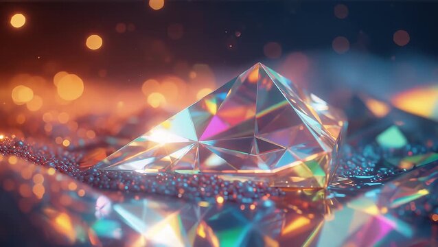 Colorful Sparkling Diamond on Shimmering Surface with Bokeh Background
