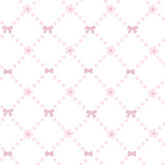 Fototapeta premium Pink plaid with bow ribbon and daisy seamless fabric design pattern