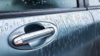 Car door handle with raindrops on metallic surface  