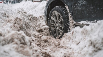 Car tire stuck in snow with blurred winter background  