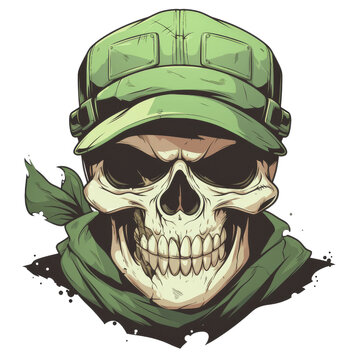Stylized illustration of a grinning skull wearing a green military cap and bandana, with a graphic, edgy aesthetic and strong outlines.