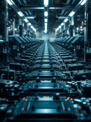 Obraz premium Automated electronics manufacturing on an industrial assembly line. Integrated microchips and intricate wiring are visible for production.