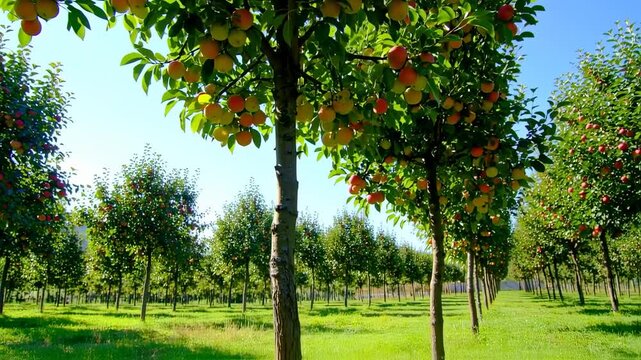 Picturesque Apple Orchard with Ripe Fruits and Clear Blue Sky in the Background