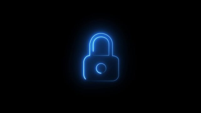 Glowing neon lock animation icon neon glowing privacy security password encryption circle animated on black background.4k video