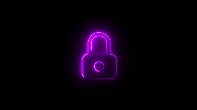 Glowing neon lock animation icon neon glowing privacy security password encryption circle animated on black background.4k video
