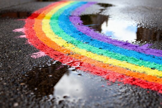Vibrant chalk rainbow reflecting on wet pavement after rainfall.