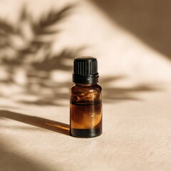 Amber glass bottle with essential oil on minimalist background and natural shadows