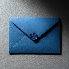 Elegant dark blue envelope with wax seal on textured background