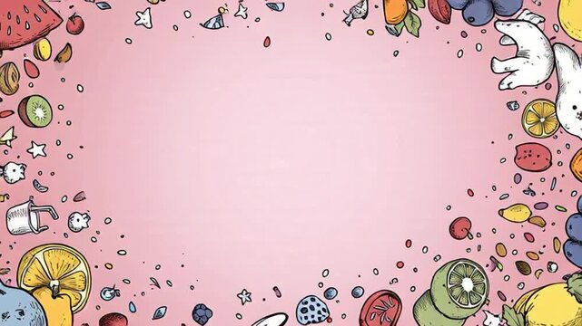 Colorful cartoon food border on pink background
