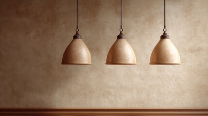 Obraz premium Elegant Rustic Pendant Lights Hanging from Ceiling in Soft Warm Interior with Subtle Textured Wall and Wooden Trim for Cozy Atmosphere
