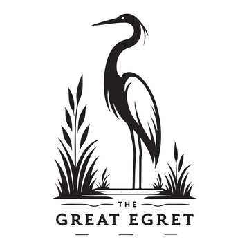 Great Egret Heron Bird in Wetland Reeds Logo Silhouette Vector