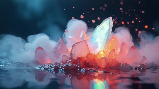 Vibrant Colorful Crystals Glowing in Mystic Fog