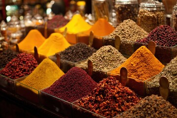 Vibrant spices displayed in colorful mounds at market stall