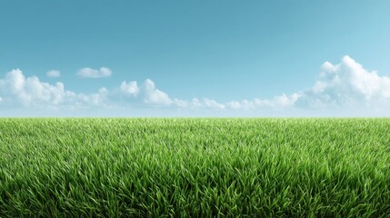 Obraz premium Vibrant Green Grass Field Under Clear Blue Sky with Soft White Clouds, Perfect for Nature Themes and Outdoor Settings in Stock Photography