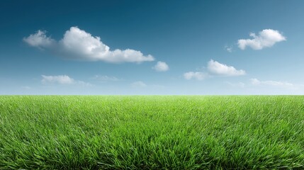 Fototapeta premium Lush Green Grass Under Bright Blue Sky with Soft Clouds on a Clear Day Ideal for Nature Themes and Outdoor Recreational Designed Projects