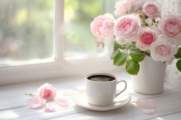 Cup of coffee and pink roses on white table