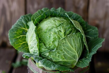 Fototapeta premium Close up of a fresh, vibrant green cabbage with visible water droplets, resting in a rustic wooden basket, emphasizing its natural texture and farm fresh appeal