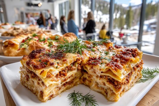Lasa&ntilde;a cl&aacute;sica de carne y queso, servida en plato blanco con decoraci&oacute;n de eneldo, interior de restaurante alpino con nieve.
