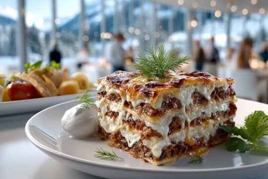 Lasa&ntilde;a alta con capas de carne y queso gratinado, servida con crema en plato blanco en restaurante con vista invernal.
