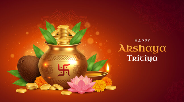Vibrant Akshaya Tritiya celebration with golden pot and coins