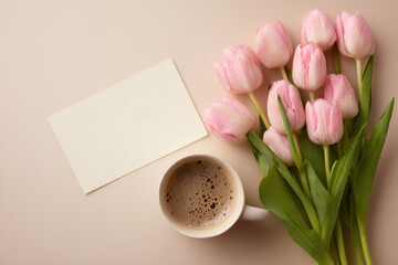 Pink tulips, coffee, empty greeting card
