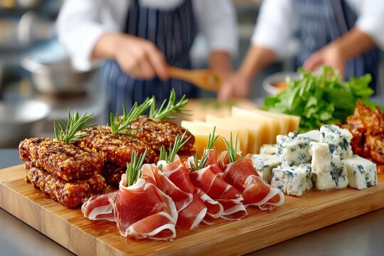 Tabla con jam&oacute;n curado, quesos variados y barras crujientes de semillas, decorada con romero, en cocina profesional.
