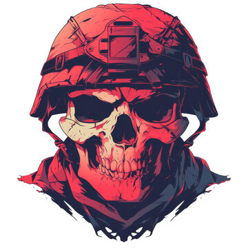 A stylized graphic illustration of a skull wearing a military helmet, rendered in striking red and dark blue tones with a grunge aesthetic.