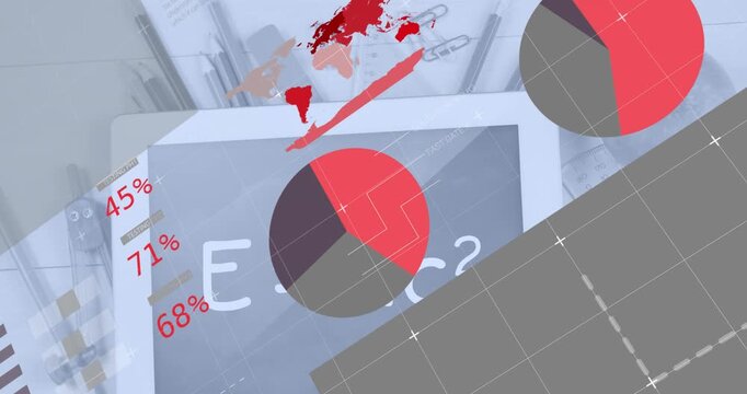 Animation of digital infographic interface over digital tablet with equation, stationery and apple