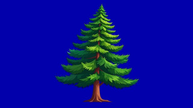 2D animated cartoon pine tree moving softly in breeze on green screen chromakey background, cartoon fir isolated, perfect loop animation for editing, lush green branches, ready for layering