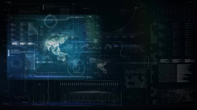 Animation of chevron pattern over digital screen with globe and diverse data