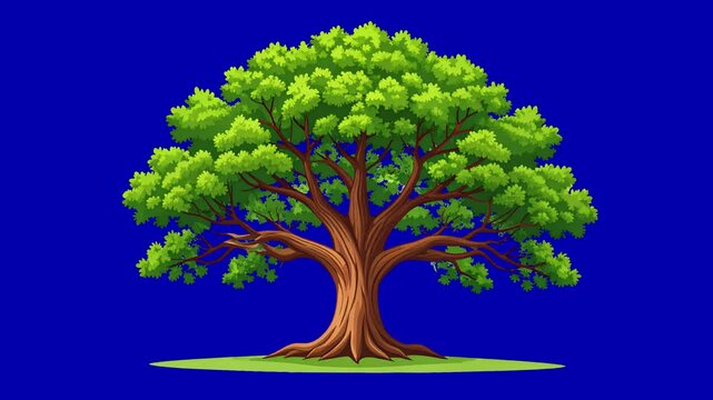 2D animated cartoon baobab tree gently moving on green screen chromakey background, african iconic tree isolated, seamless loop animation, thick trunk and crown ready for compositing projects