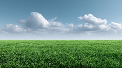 Obraz premium Lush Green Grass Field Under a Bright Blue Sky with White Fluffy Clouds on a Clear Day