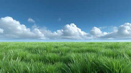 Lush Green Grass Under a Bright Blue Sky with Fluffy Clouds in a Scenic Landscape, Perfect for Nature and Outdoor Themes