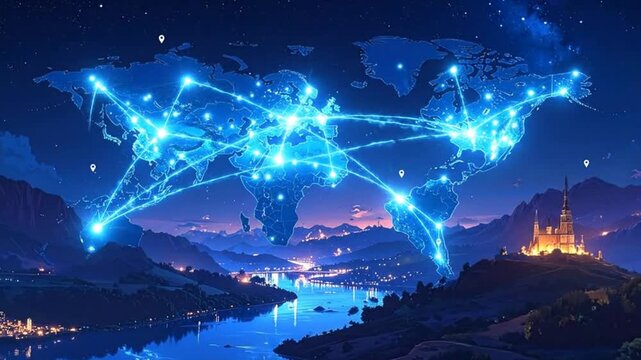 Global network connections illustrated with a glowing world map over a scenic landscape.