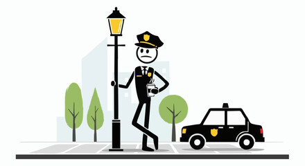 Stick Figure Police Officer Standing Next to Lamppost and Patrol Car. © Kang
