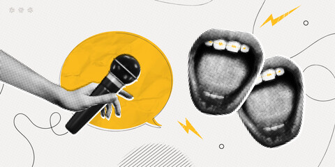 Obraz na płótnie Canvas Trendy Halftone Collage Hand holding Microphone with speech bubble message and open mouths. Interview or podcast. Press propaganda. Public speaker. Karaoke singer. Contemporary vector illustration art