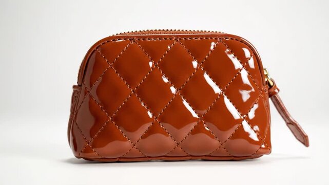 Close up of a shiny brown quilted cosmetic pouch with gold zipper isolated on white background