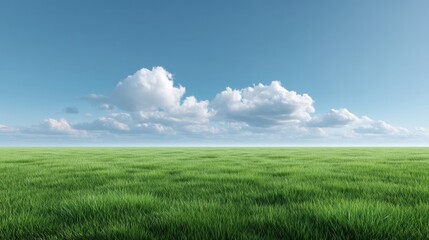 Obraz premium Expansive Green Grass Field Under Blue Sky with Fluffy White Clouds Scattered Above in a Bright and Serene Landscape