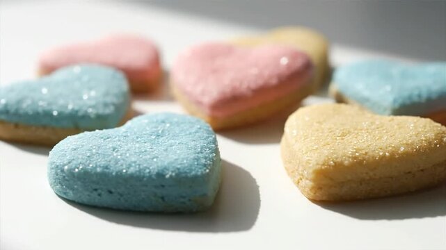 Close up of heart shaped candies with various colors and sugar coating