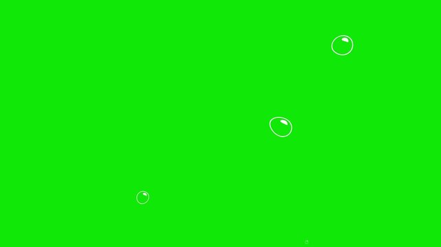 2D animated cartoon soap bubbles rising slowly on green screen chromakey background, shiny transparent spheres with reflections, isolated for overlay, seamless loop animation.