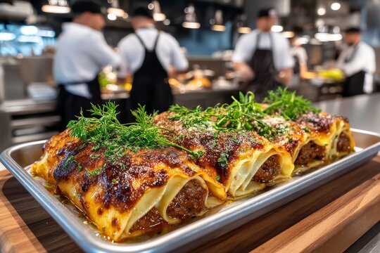 Canelones rellenos de carne con salsa y queso gratinado. Servidos en bandeja sobre fondo de cocina profesional.