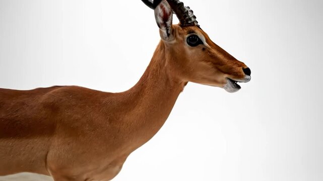 Side profile of a male impala with prominent lyreshaped horns standing against a bright white background
