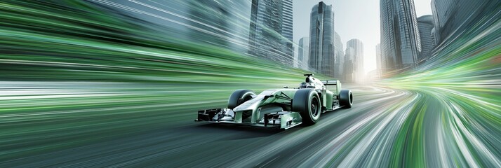 Obraz premium Formula racing cars speeding through futuristic city. Racing cars generating speed blur through a modern urban cityscape, showing dynamic action
