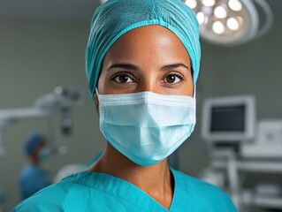 Young woman in surgical cap and scrubs in hospital operating room