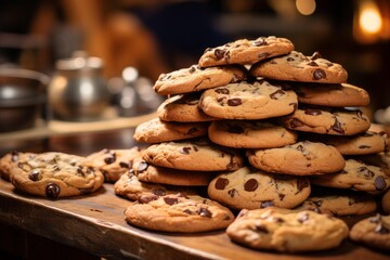 Naklejka premium Warm, homemade chocolate chip cookies stacked on a rustic wooden surface