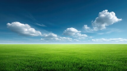 Obraz premium Expansive Green Field Under a Clear Blue Sky with Fluffy Clouds in the Background Capturing the Essence of Nature's Beauty and Serenity