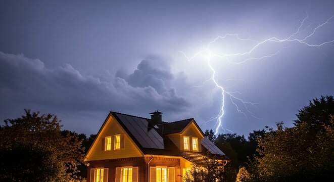 Lightning strike illuminates the night sky above a house during a thunderstorm