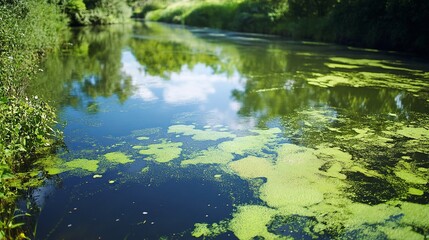 Naklejka premium A serene and peaceful pond covered in green algae on a sunny day