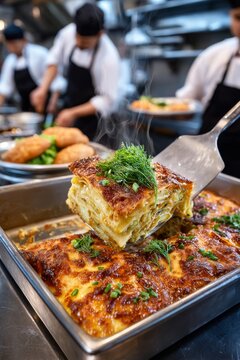 Corte de lasa&ntilde;a reci&eacute;n horneada, con capas visibles de pasta, queso y bechamel. Servida caliente en cocina profesional con cocineros al fondo.