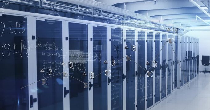 Animation of equations, graphs with digits, database and lens flare over server room in background